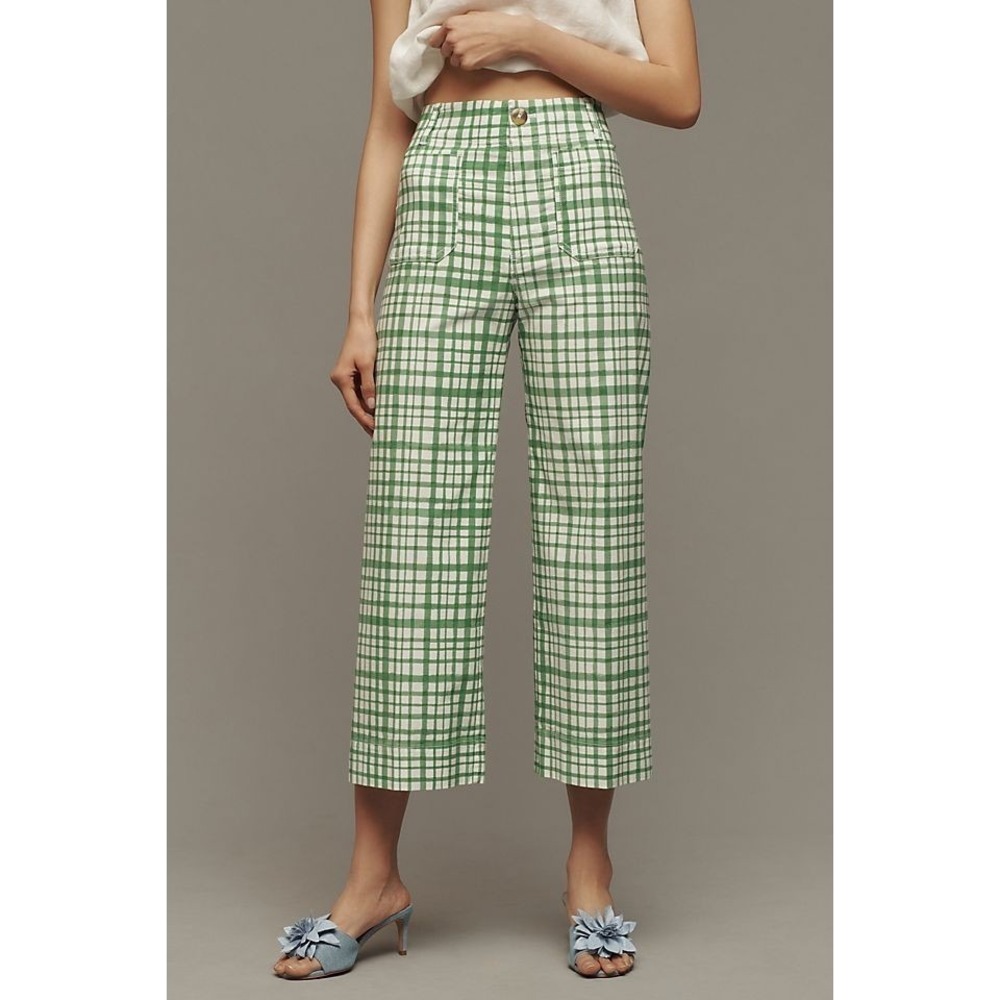 Maeve Anthropologie Colette Wide Leg Green Check Plaid Pants Cropped Size 25